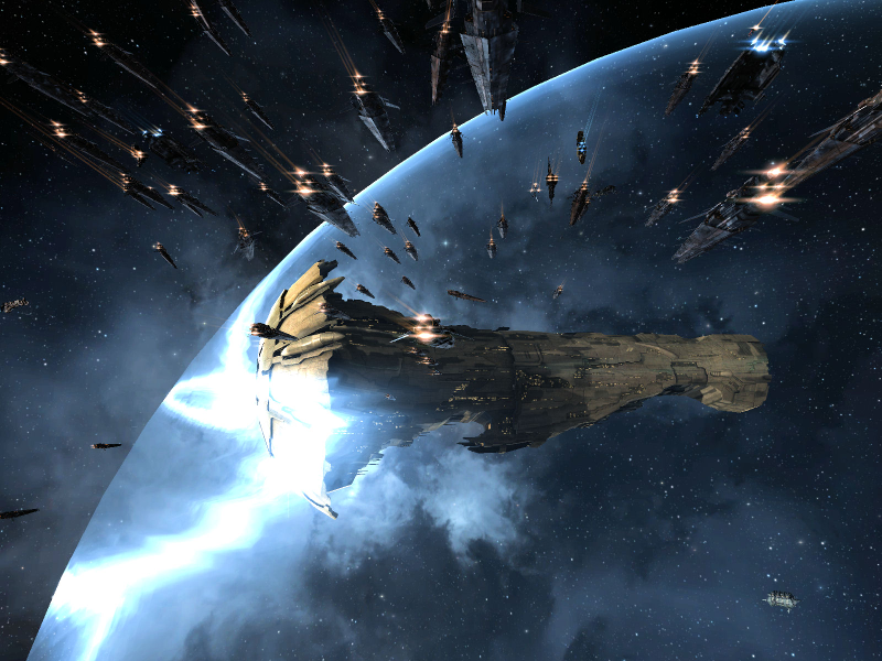 Hurricane-Class Battlecruisers converge on a Titan.